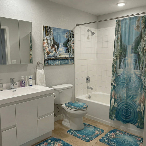 Ocean Ripple Floral Bathroom Rugs Set with Shower Curtain 4 pcs